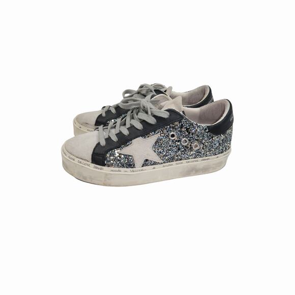 Golden Goose Glitter Suede Hi Star Lace Up Low Top Sneaker Silver Size 39 - Picture 3 of 10